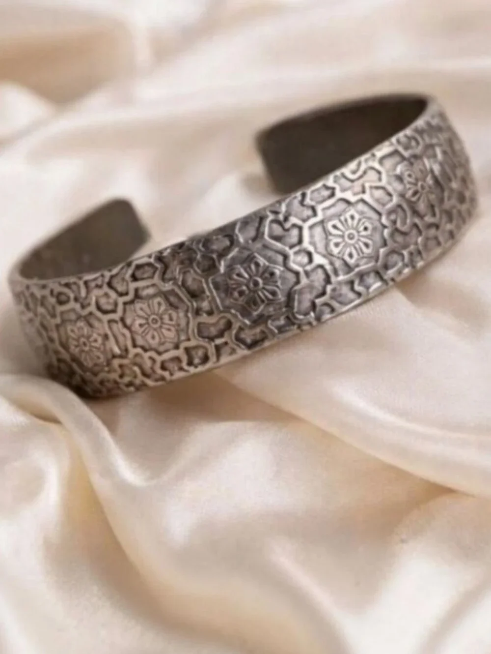 Tibetan Geometric Honeycomb Flower Cuff Bracelet | Boho Ethnic Silver Tone